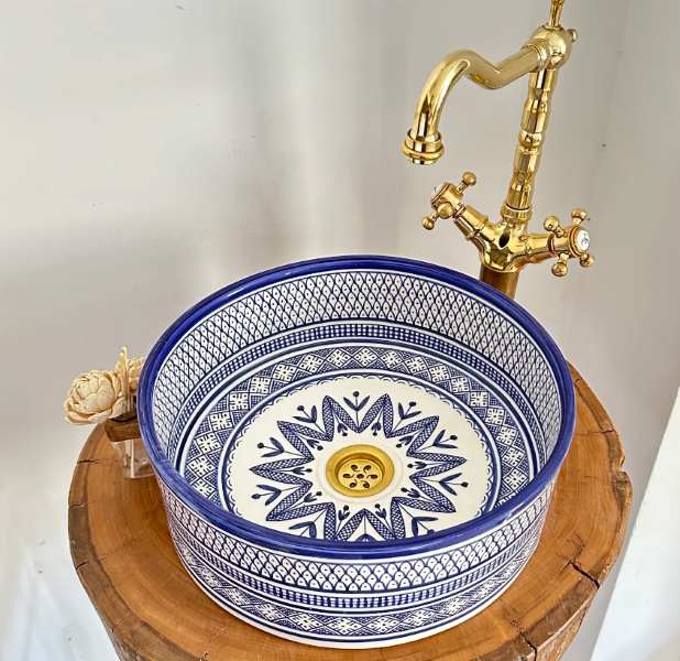 Blue Fes Hand-Painted Ceramic Vessel Sink