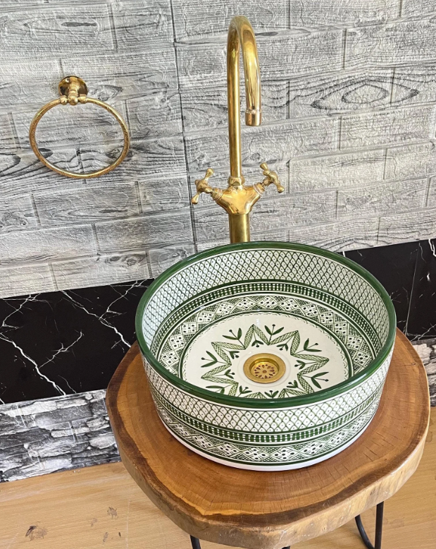 Green Ceramic Sink with Brass Rim